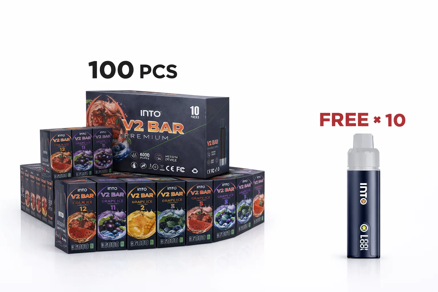 INTO V2 BAR POD 100 Packs Wholesale Bundle (With 10 Free Devices) - VapeWellAus Australia